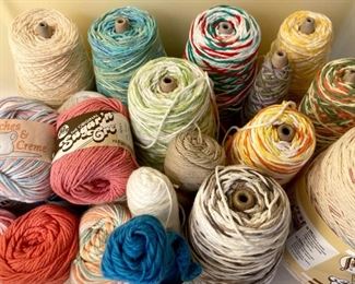 Yarn skeins including yarn by: Red Heart, Lion Brand, Caron, Impeccable by Loops and Threads, Simply Soft by Caron, Bernat, Studio Classic by Nicole, Lily Sugar 'N Cream