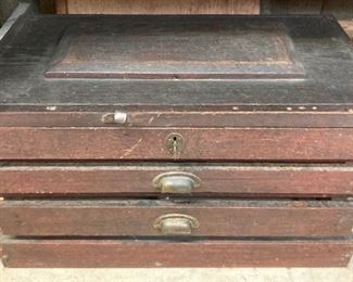 Antique wooden three drawer locking tool chest