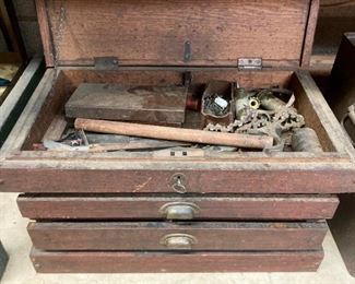 Antique wooden three drawer locking tool chest