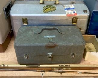Vintage green-gray My Buddy small tackle box; vintage gray metal My Buddy TackleMaster medium tackle box