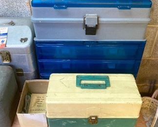 Vintage aqua/white plastic tackle box; Blue/gray Plano Guide Series large tackle box