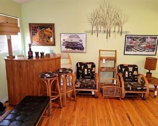 1940s-50's Stacked Bamboo Bar, Rattan Pretzel Chairs, Rattan Lamp, Bamboo Lamp, Jere Tree Wall Sculpture, Other Art, Knoll Bench