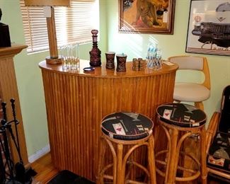 1940s-50's Stacked Bamboo Bar and Bar Stools
