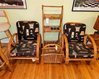 1940's-50's Rattan Pretzel Chairs, Shelving Unit, Magazine Rack