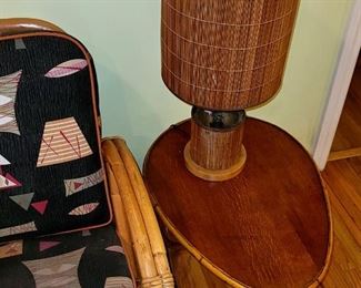 1940's-50's Rattan Side Table and Rattan Lamp
