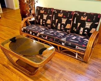 1940s-50s Rattan Pretzel Sofa - Coffee Table (As Is Glass)