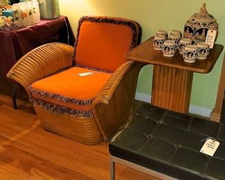 Rare 1940s-50s Stacked Bamboo Arm Chair and Side Table