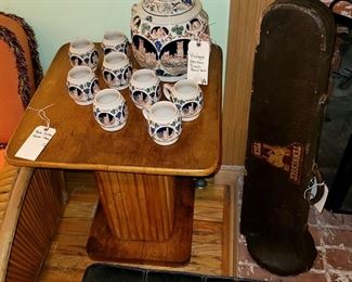 Stacked Bamboo Side Table, German Stein Punch Set, Trombone in Case