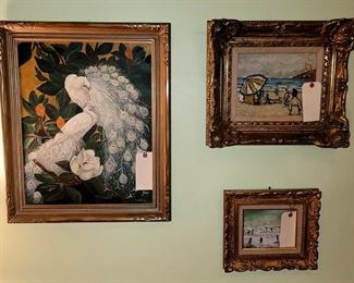 Vintage Peacock Painting:  Philippe Marchand, (20th) France, Beach Scene;  Vintage Beach Painting