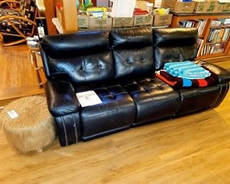 Contemporary Electric Reclining Leather Sofa - Furry Ottoman - Afghans