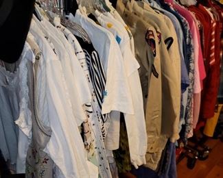 Clothing Primarily 70s On Better Clothing with a few older examples - Lots of great Blouses, Kimonos, Pants, Skirts, Sweaters and Jackets, Accessories - Mix of Sizes S-L; Some Mens, Some Production Pieces