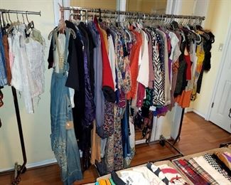 Clothing Primarily 70s On Better Clothing with a few older examples - Lots of great Blouses, Kimonos, Pants, Skirts, Sweaters and Jackets, Accessories - Mix of Sizes S-L; Some Mens, Some Production Pieces