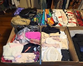 Clothing Primarily 70s On Better Clothing with a few older examples - Lots of great Blouses, Kimonos, Pants, Skirts, Sweaters and Jackets, Accessories - Mix of Sizes S-L; Some Mens, Some Production Pieces