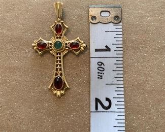 14kt gold Etruscan cross with cabochon garnets & emerald 