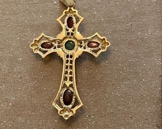 14kt gold Etruscan cross with cabochon garnets & emerald 