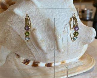 14kt yellow gold earrings with Amethyst, citrine and topaz stones. 