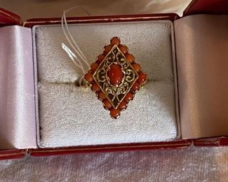 14kt carat gold custom made ring with coral beads 