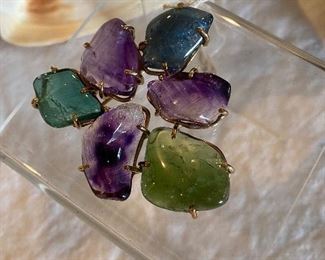 14kt gold large brooch or pendant , row Amethyst, green Beryl, and blue Topaz