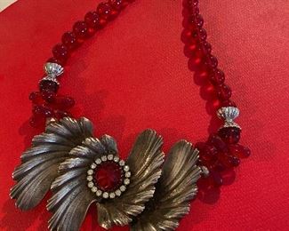 Vintage French metal and glass red beads necklace 