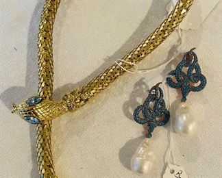 Whiting and Davis snake mesh gold necklace & snake earrings baroque pearls 