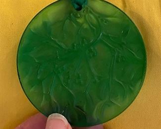 Lalique green glass ornament holly