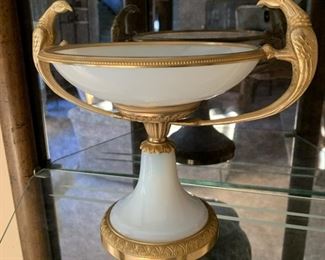 French ormolu mounted glass pedestal bowl. Very heavy and in perfect condition.