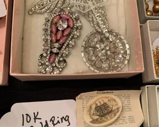 Assorted costume jewelry including some 14K and 10K gold pieces.