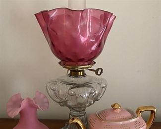 100 year old lamp, Fenton vase and Hall teapot