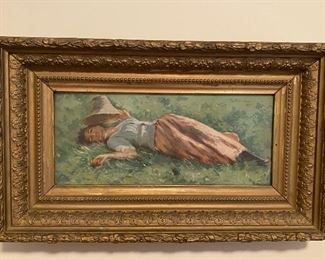 1891 framed canvas print signed by Theodore Robinson.  A study of his romantic companion, Marie.