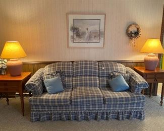 Broyhill sofa, custom made end tables, lamps