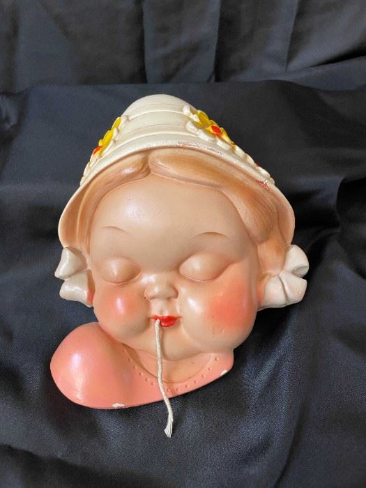 Vintage Girl with Hat String Holder, has some wear, small chip on hat