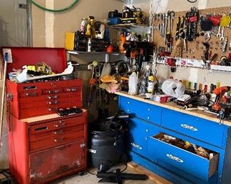 Garage goodies, tools, shop vac, tool chests, cooler