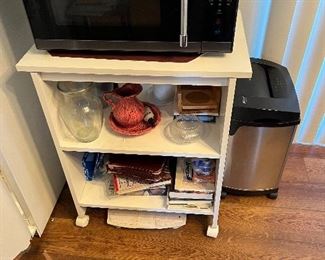 Cookbooks, microwave and stand