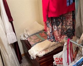 Cedar chest, handmade quilt, wedding dress, chenille bedspread 