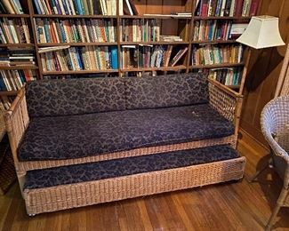 Rattan & Wicker daybed with trundle. Measures 31” deep x 76” long x 30” tall. Does have significant wear on the cushions so they need to be reupholstered. Minor issues to Rattan - see photos. Asking $900. 