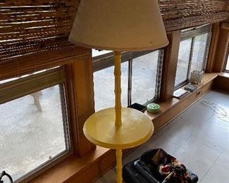 Vintage / MCM Floor Lamp with Table. Faux Bamboo painted yellow. Measures floor to top of finial 56”. Asking $125. 