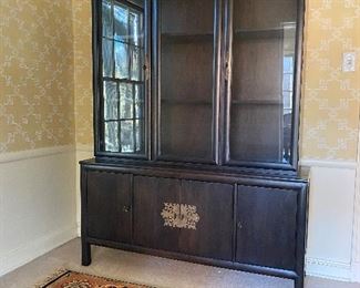 Vintage MCM Black Lacquered China Cabinet. Moves in 1 piece - no name. Similar to a Century Furniture style. Measures 16.5” deep x 54” wide x 73” tall. Asking $450. Shelves do not move. 