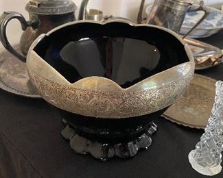 Black Depression Glass Serving Bowl with heavy silver-plated accent.  Asking $50. 