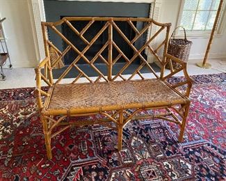 Vintage (Maybe antique 1921?  based on dates written on the bottom) Chinese Chippendale Bench - Settee. Measures 20” deep x 46” wide x 37.5” tall. 17” floor to seat. Assembled with nails. Rattan wraps aren't all perfect - but  most are and it looks VERY GOOD for the age.  Seat looks good - but we're not trying it out until it's paid for!!! Asking $750. 