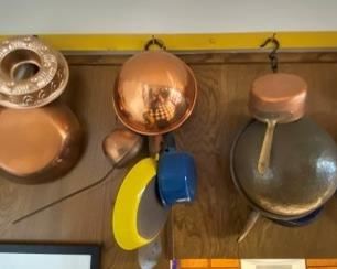 Copper pots, pans and molds.