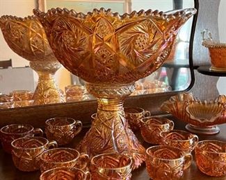 Carnival glass punch bowl and cups