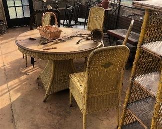 Yellow painted wicker table and 4 chairs and etagere $500