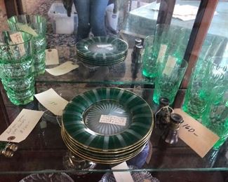 Set of Green glass dessert plates $300