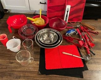 Kitchen utensils, bowls and measuring cups