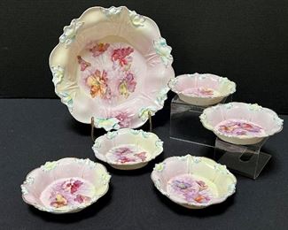 Antique Floral Painted Six-Piece Royal Coburg RS Prussia Dessert Set. The pattern on this is so lovely! The colors and design are gorgeous together.
Royal Coburg- Germany.
Circa 1890-1910