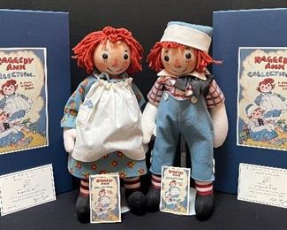 R. John Wright Raggedy Ann Doll and R. John Wright Raggedy Andy Doll. What an adorable iconic pair to add to your collection. Both come with certificates and boxes.
Both are number 0275/1000 and each measure 17" tall.