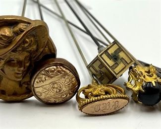 Seven Antique Victorian Hatpins. A wonderful variety of antique hatpins in good/vintage condition with varying degrees of wear.