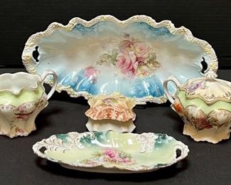 Five Pieces of Beautiful Dishes including RS Prussia. All in good/vintage condition with some normal vintage wear including some wear to the paint details. The largest oval platter measures 12" x 5.5"