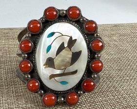 Vintage Navajo Sterling and Coral Inlaid Cuff Bracelet
Stamped Navajo.