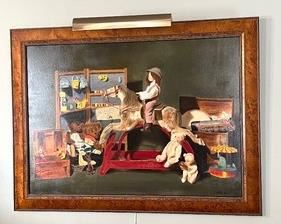 Anthony Harlin Framed Art; Adorable scene featuring a lovely array of toys. Appears to be an original oil on canvas.
Measures 49” x 37”